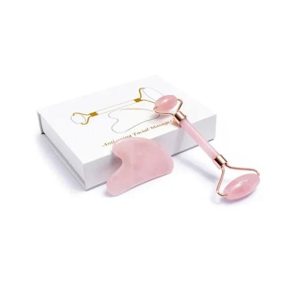 Rose Quartz Roller and Gua Sha Set (2) Rose Quartz Facial Roller Gua Sha Set Straight - CE20SA02