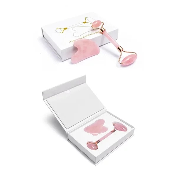 Rose Quartz Roller and Gua Sha Set (3) Rose Quartz Facial Roller Gua Sha Set Straight - CE20SA02