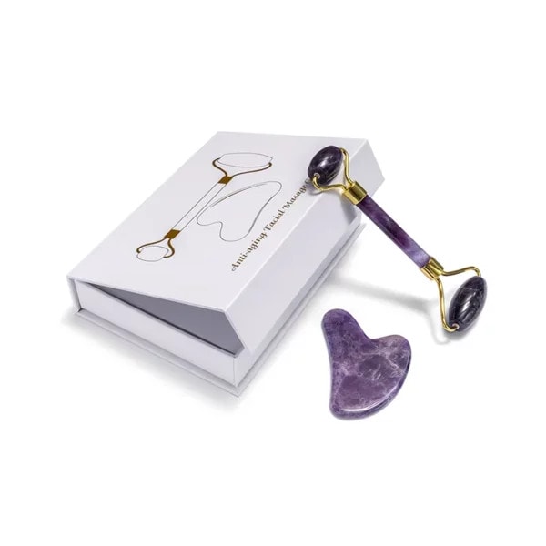 Amethyst Jade Roller and Gua Sha Set (2) Amethyst Jade Roller and Gua Sha Set Straight Handle - CE20SA04
