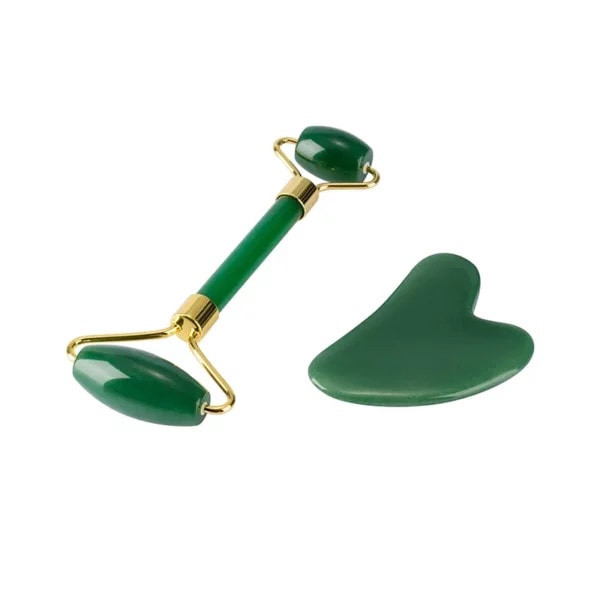 Aventurine Jade Roller and Gua Sha Set Straight Handle (3) Aventurine Jade Roller and Gua Sha Set Straight - CE20SA03