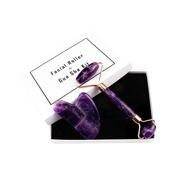 Amethyst Jade Roller Gua Sha Set Curved Handle (2) Amethyst Jade Roller Gua Sha Set Curved Handle