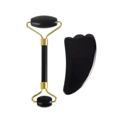 Obsidian Jade Roller and Gua Sha Set Straight Handle
