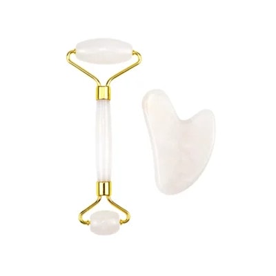 White Jade Roller Gua Sha Set Curved Handle (1) White Jade Roller Gua Sha Set Curved Handle