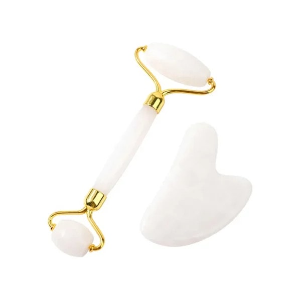 White Jade Roller Gua Sha Set Curved Handle (2) White Jade Roller Gua Sha Set Curved Handle