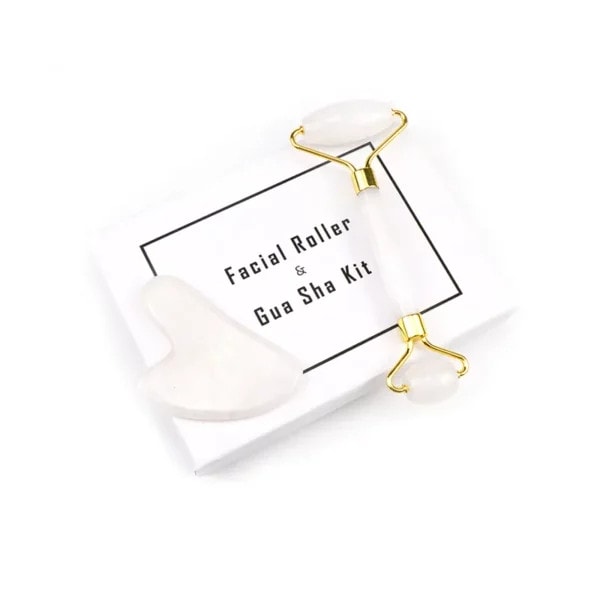 White Jade Roller Gua Sha Set Curved Handle (6) White Jade Roller Gua Sha Set Curved Handle